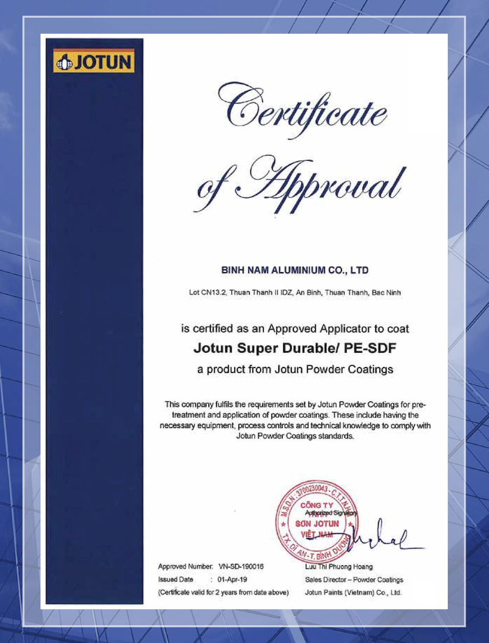 JOTUN Super Durable Powder Coating System Approval Certificate