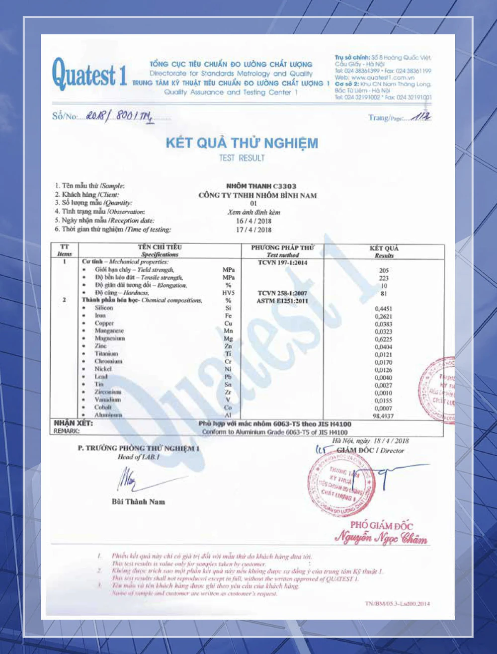 QUATEST 1 – JIS H4100 Aluminum Profile Test Report