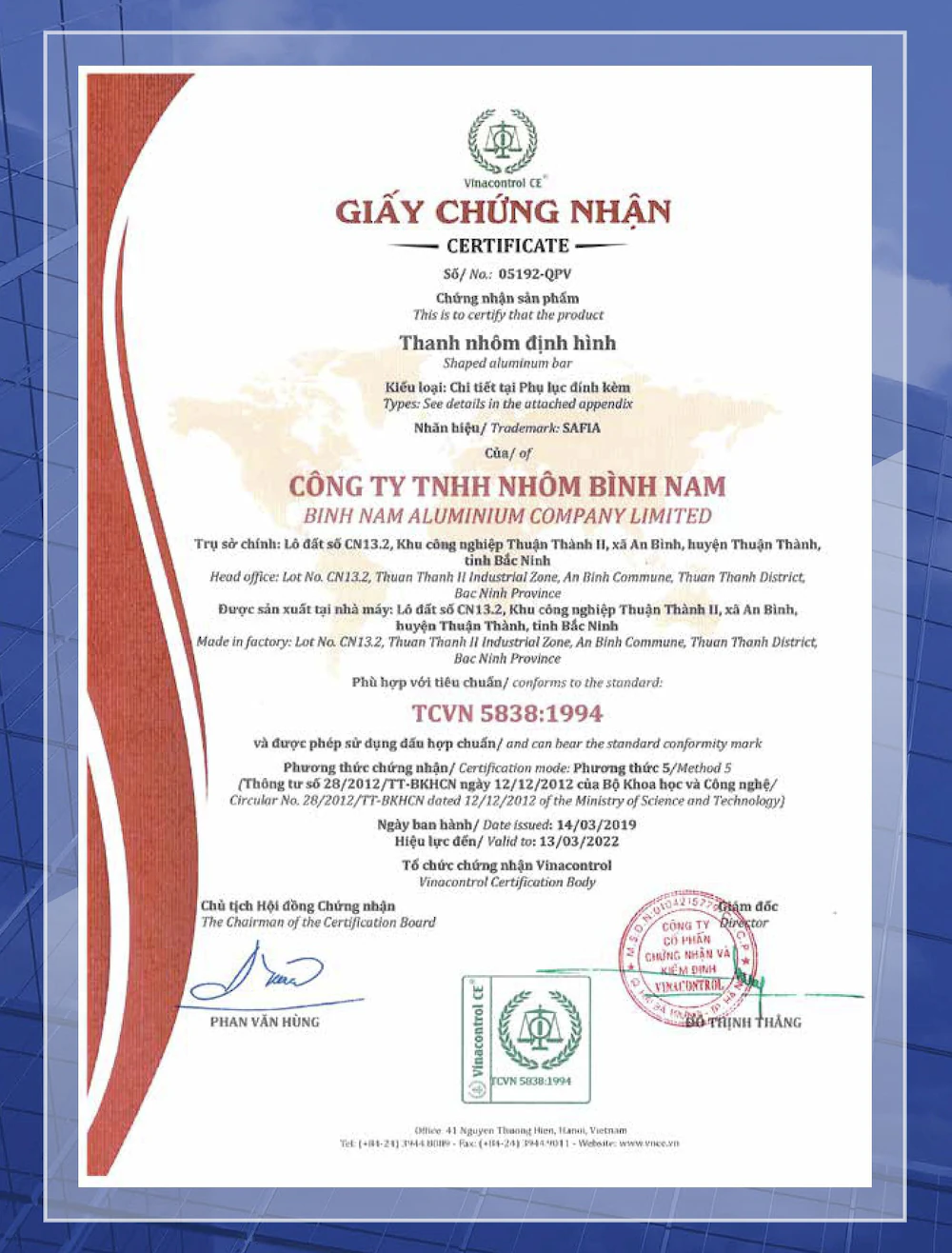 Product Conformity Certificate to TCVN 5838:1994
