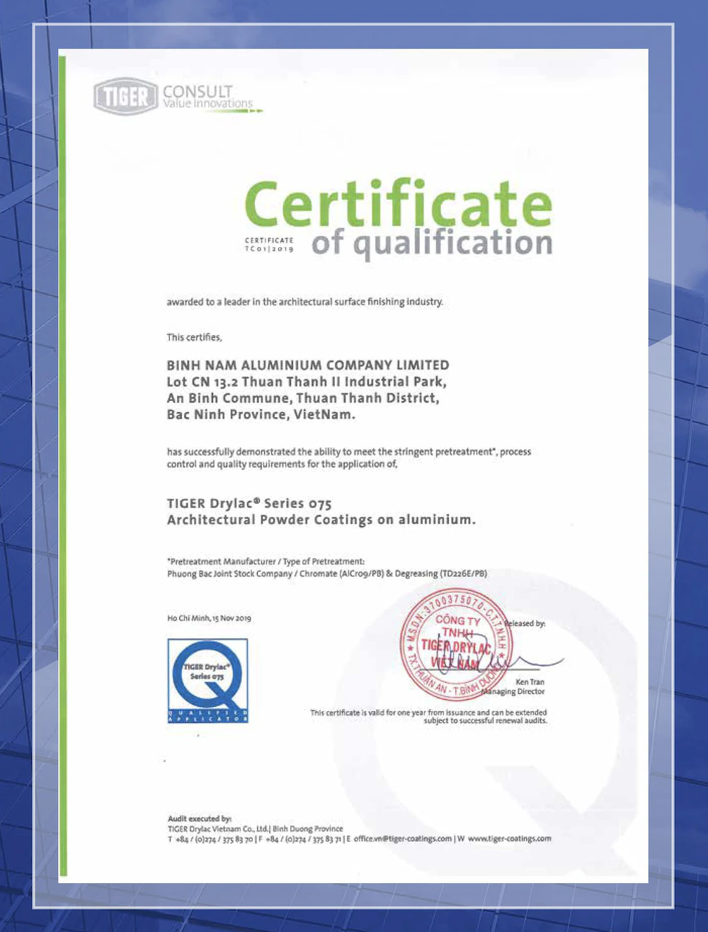 TIGER Powder Coating Qualification Certificate