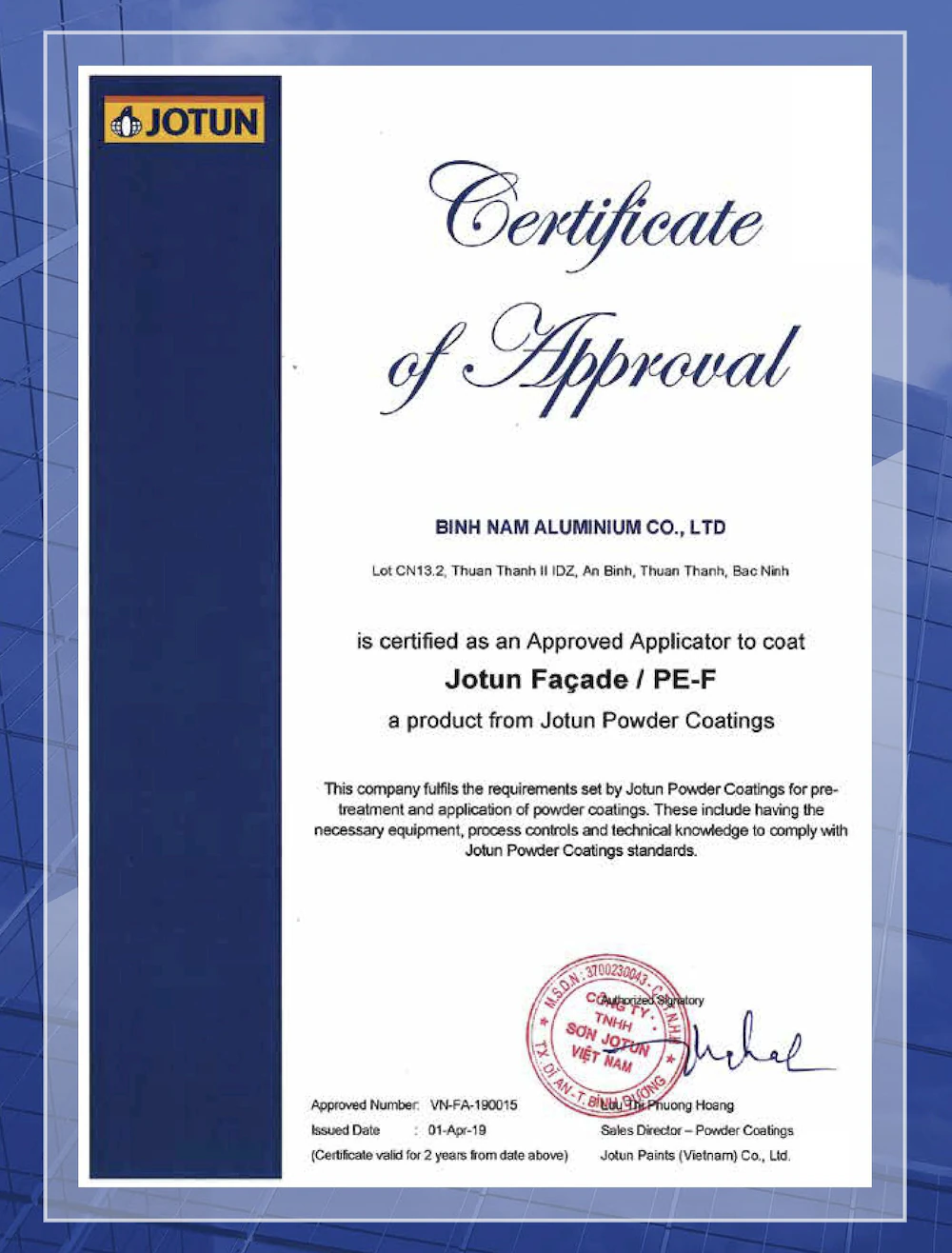 JOTUN Facade Powder Coating System Approval Certificate
