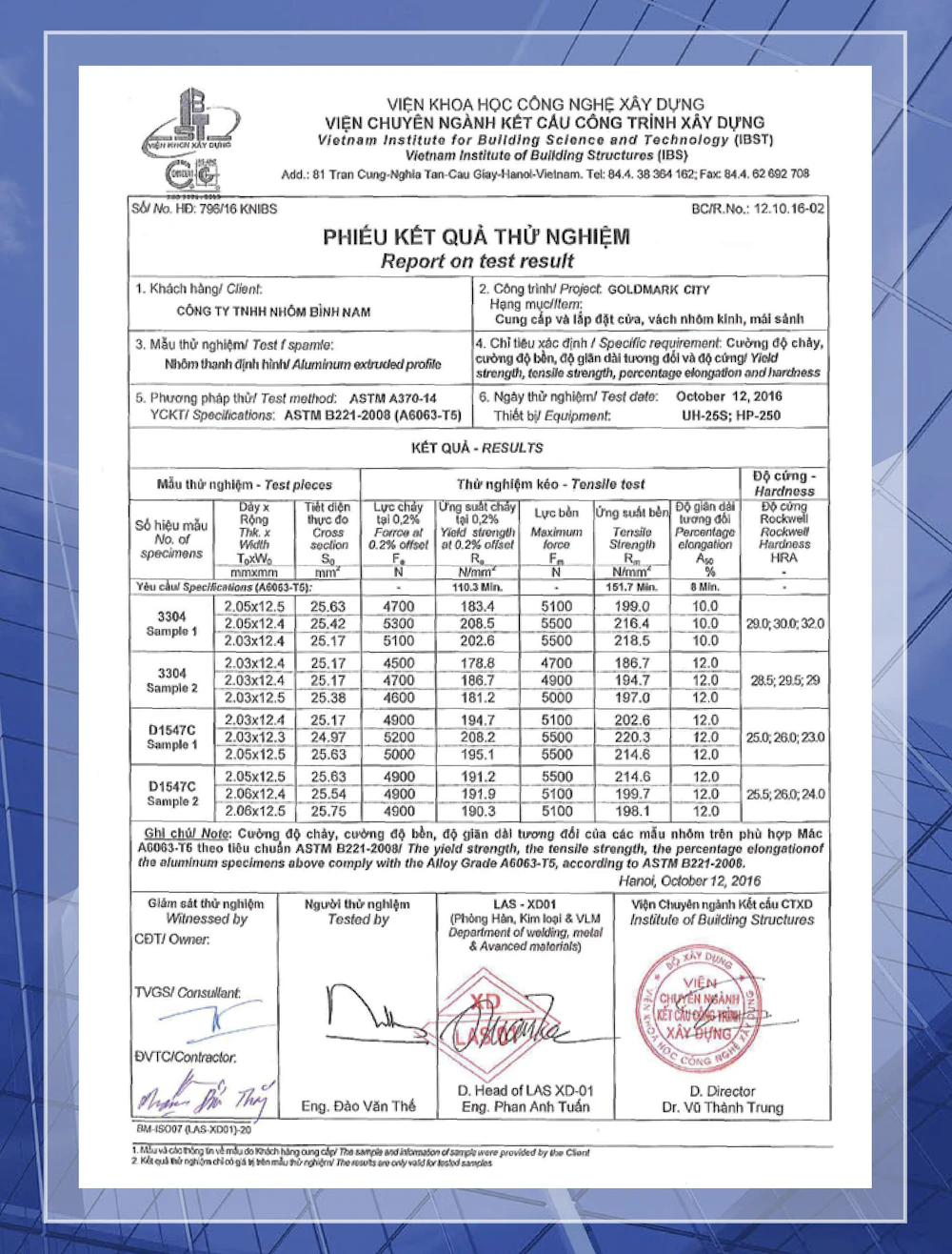 IBST Aluminum Profile Basic Dimensions Test Report – BC 22.02.17-09