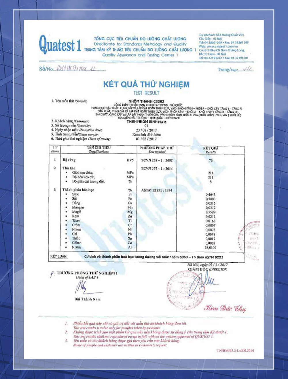 QUATEST 1 Aluminum Profile Test Report – C3303 / 6063-T5