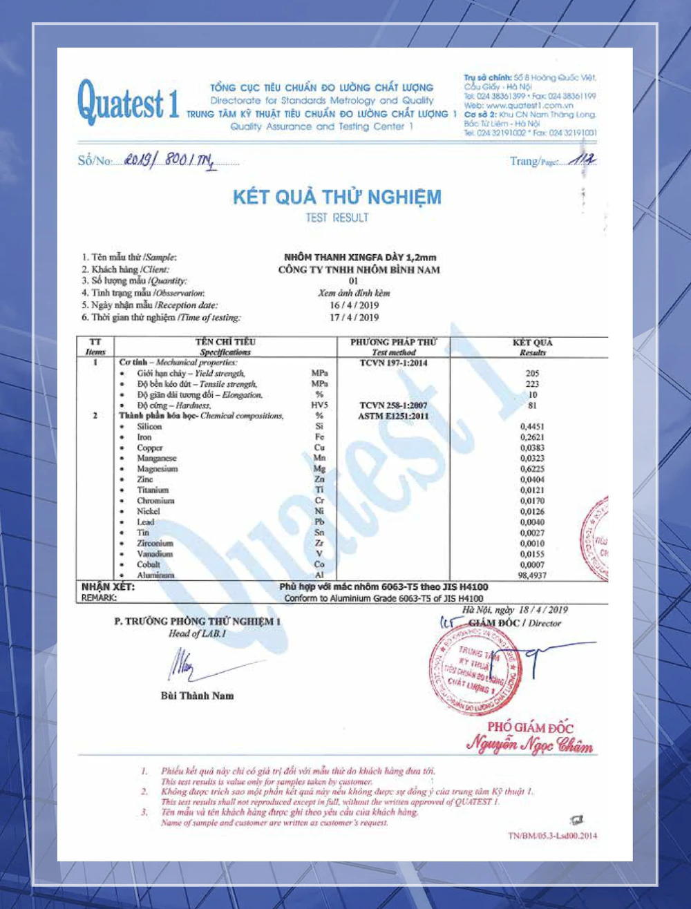 QUATEST 1 Xingfa Aluminum Profile Test Report – 1.2mm Thickness