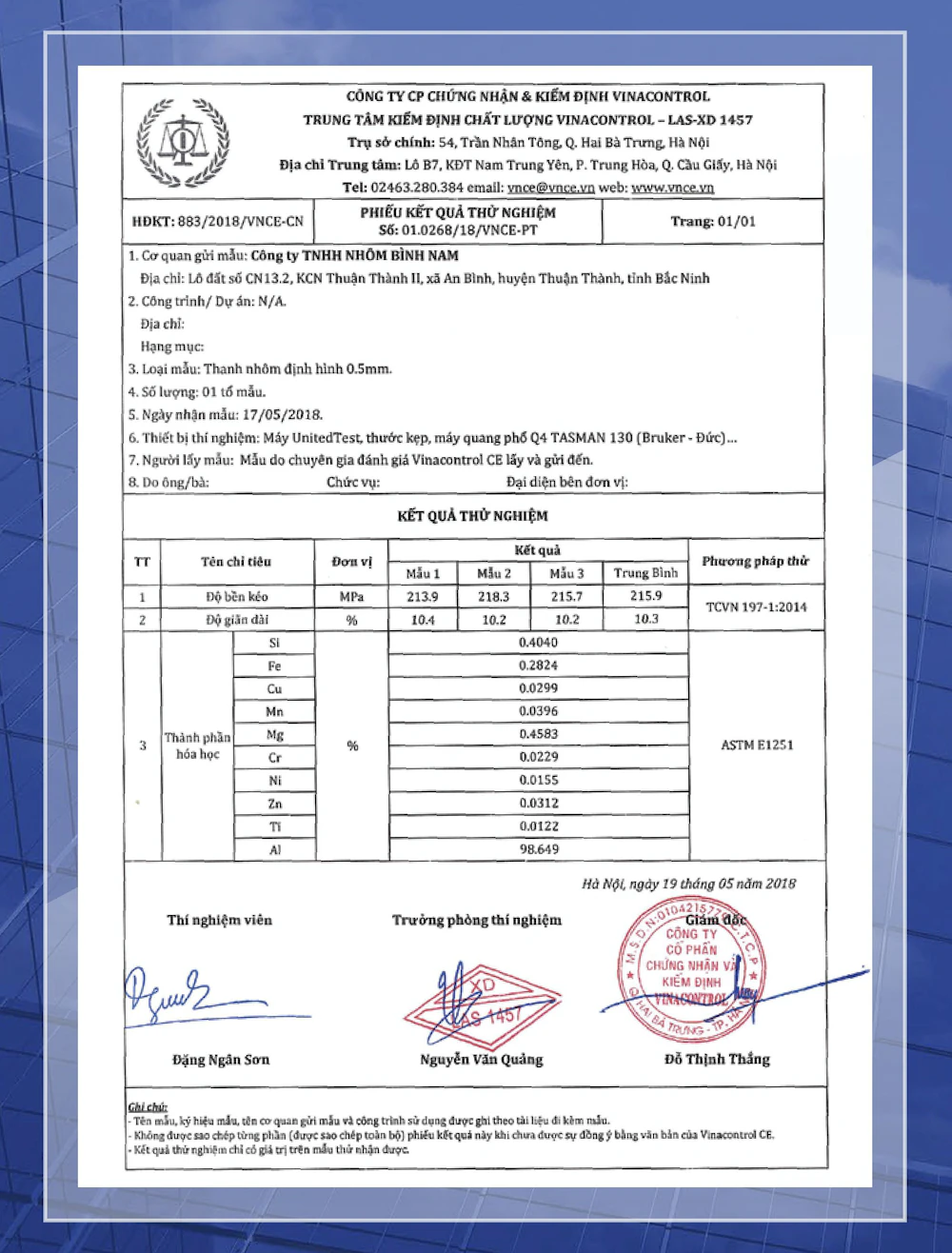 Vinacontrol VNCE Aluminum Profile Test Report – 0.5mm Thickness