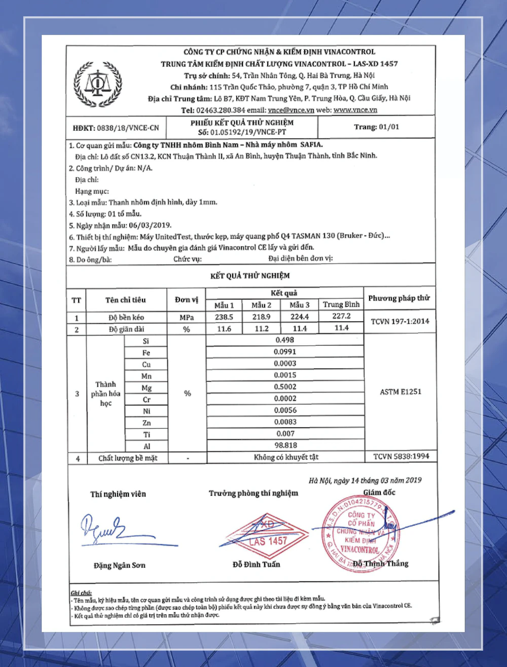 Vinacontrol VNCE Aluminum Profile Test Report – 1mm Thickness