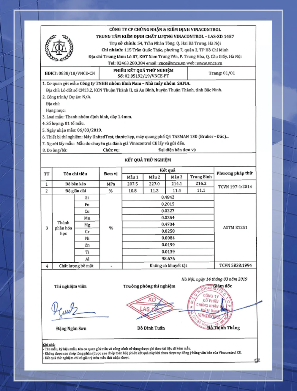 Vinacontrol VNCE Aluminum Profile Test Report – 1.4mm Thickness