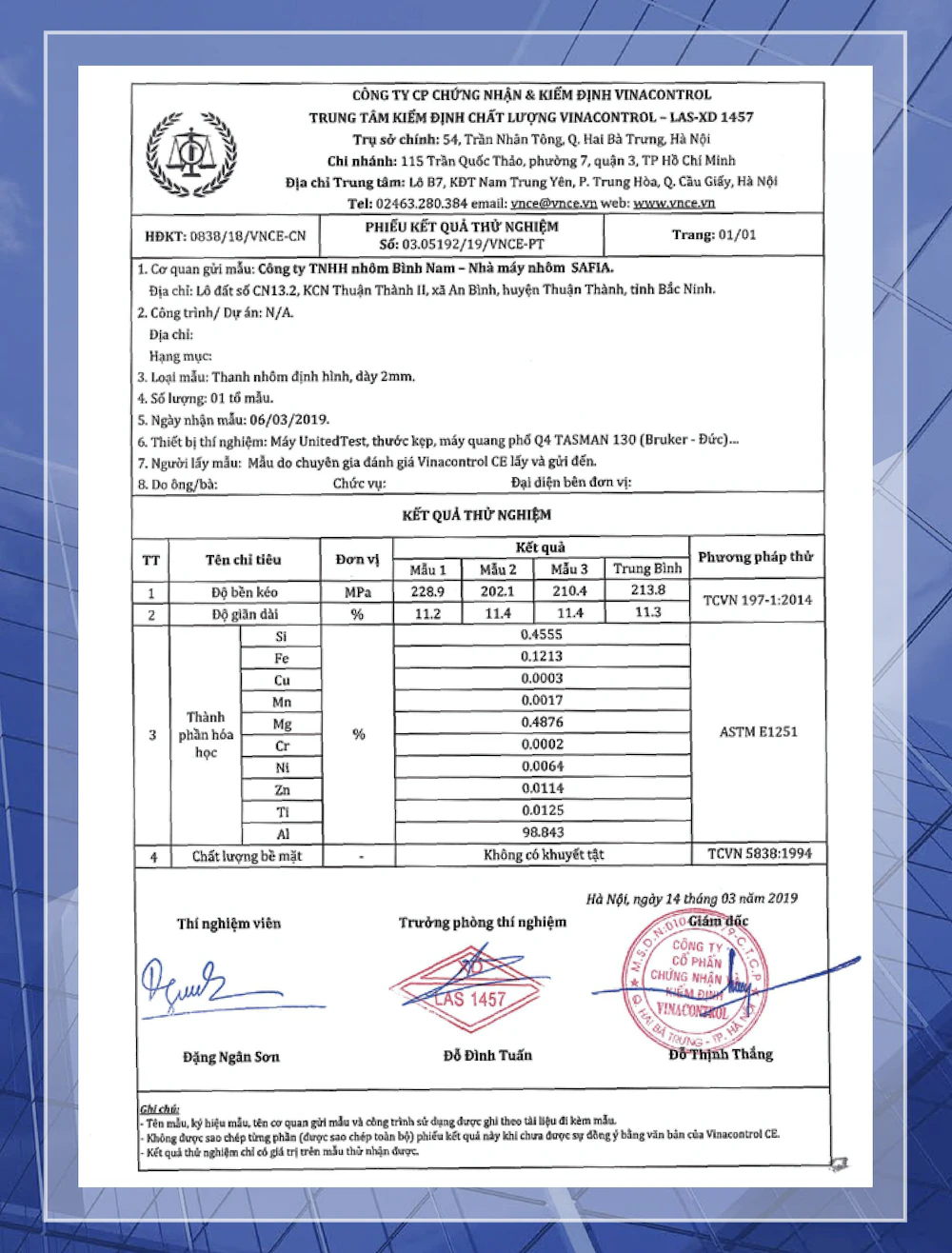 Vinacontrol VNCE Aluminum Profile Test Report – 2mm Thickness